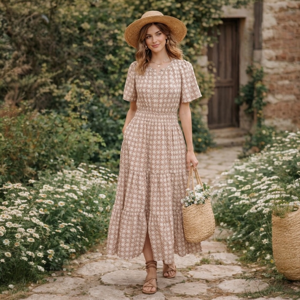 Anthropologie Somerset Smocked Waist Maxi Dress Cottagecore Basket Weave Print